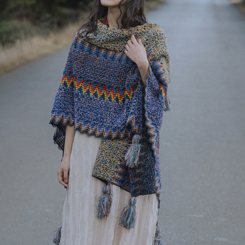 Buddha Stones Tibetan Shawl Soft Warm Knitting Cloak Winter Tibetan Tassel Scarf - image 4