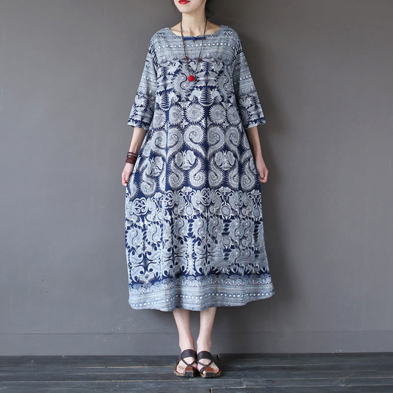 Buddha Stones Blue White Flower Printed Button Midi Dress Three Quarter Sleeve Cotton Linen Dress With Pockets