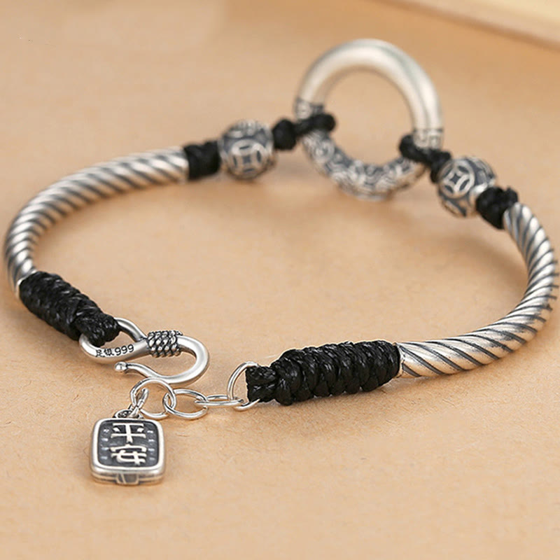 Buddha Stones 999 Sterling Silver Fu Character Peace Buckle Copper Coin Auspicious Clouds Fortune Bracelet - image 2