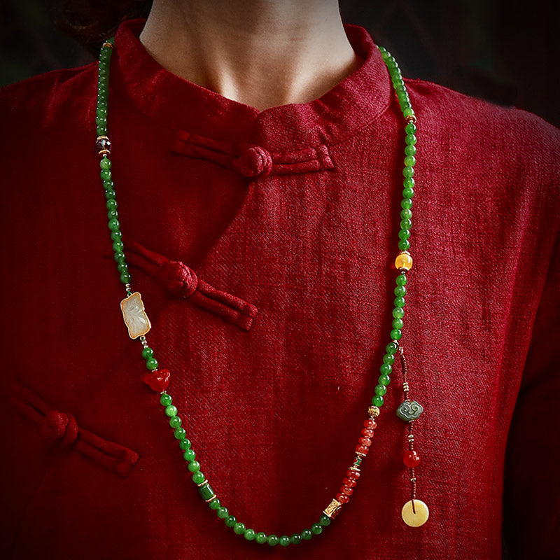 Buddha Stones 108 Mala Beads Cyan Jade Red Agate Laughing Buddha Luck Bracelet - image 4