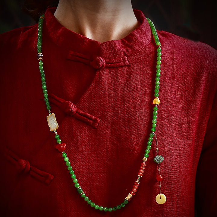 Buddha Stones 108 Mala Beads Cyan Jade Red Agate Laughing Buddha Luck Bracelet - image 4