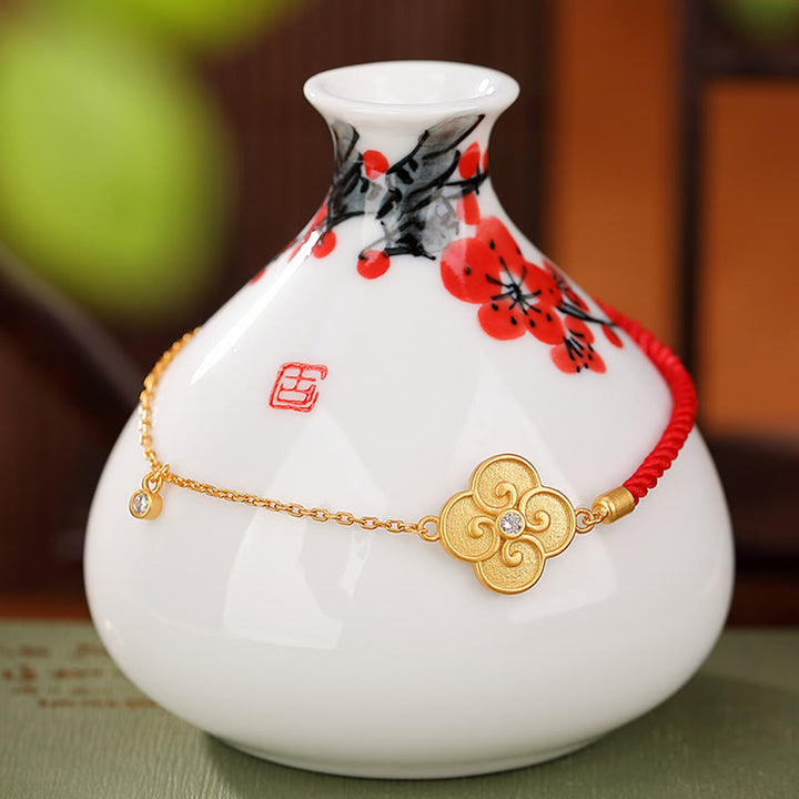 Buddha Stones 925 Sterling Silver Plated Gold Four Leaf Clover Zircon Luck Bracelet - image 1