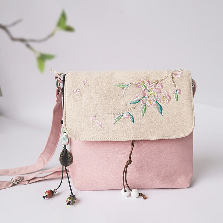 Buddha Stones Handmade Embroidered Plum Flowers Canvas Crossbody Bag Shoulder Bag Handbag