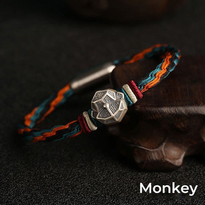 Buddha Stones Handmade 999 Sterling Silver Year of the Dragon Chinese Zodiac Protection Colorful Reincarnation Knot Rope Bracelet - Monkey - 19cm - image 18