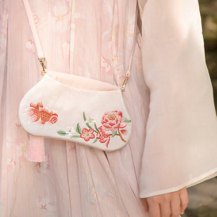 Buddha Stones Luck Embroidery Lotus Koi Fish Rabbit Flower Hanfu Bag Crossbody Bag Shoulder Bag - Koi Fish Peony - image 29