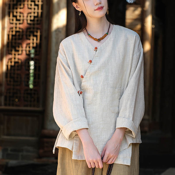 Buddha Stones Solid Color Ramie Linen Loose Blouse Long Sleeve Shirt Chinese Hanfu Top