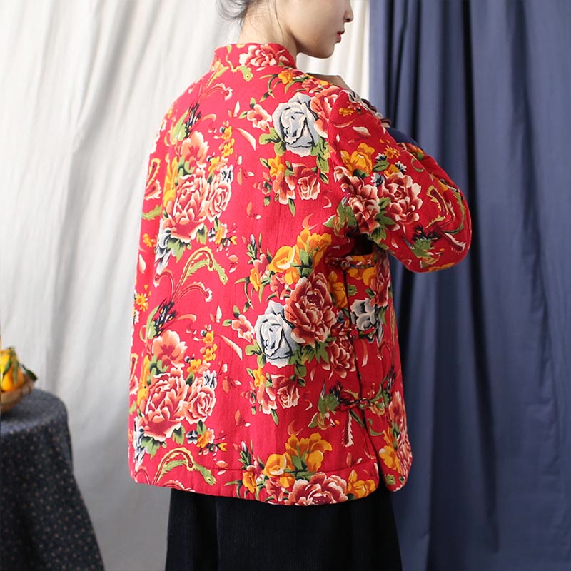 Buddha Stones Flowers Cotton Linen Jacket Shirt Chinese Northeast Style Winter Clothing