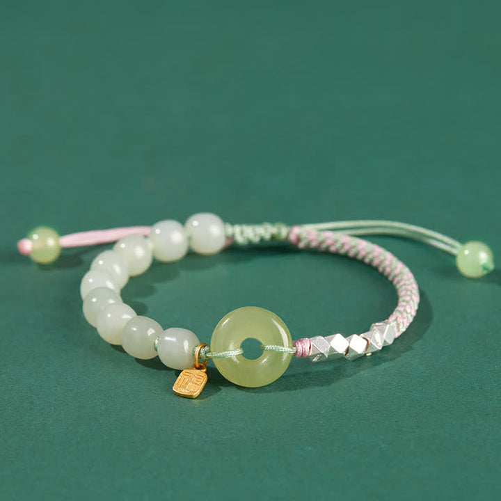 925 Sterling Silver Hetian Jade Peace Buckle Beaded Luck Happiness Charm Bracelet - Pink - image 18