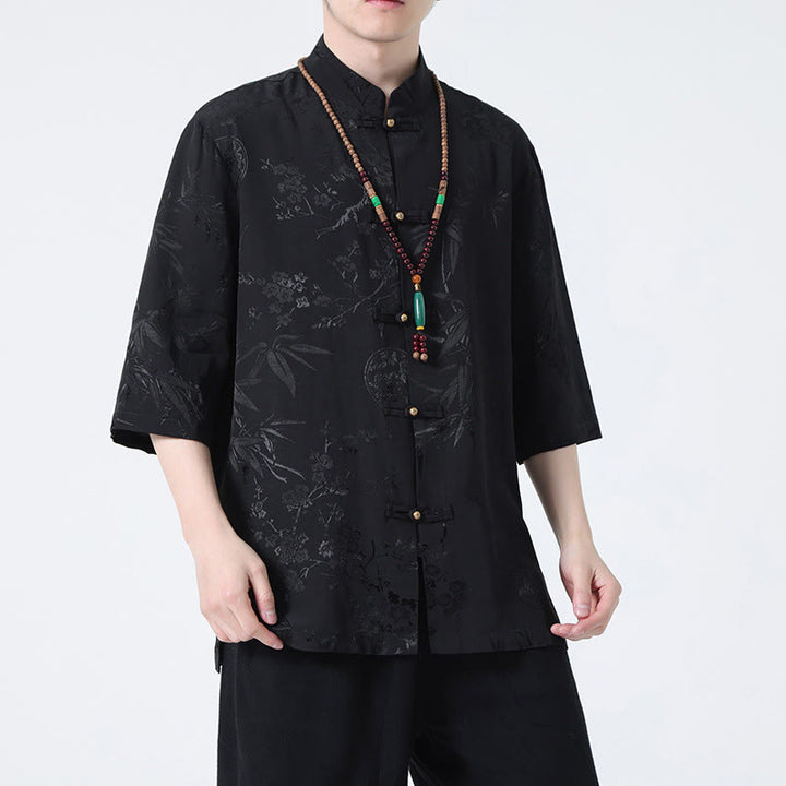 Buddha Stones Peach Blossom Bamboo Leaves Frog-button Chinese Half Sleeve Shirt Men T-shirt