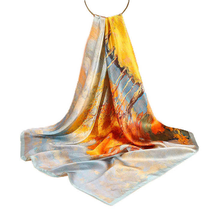 Buddha Stones Oil Painting City Snow Scene Castle Lotus 100% Mulberry Silk Neck Hair Scarf - image 4