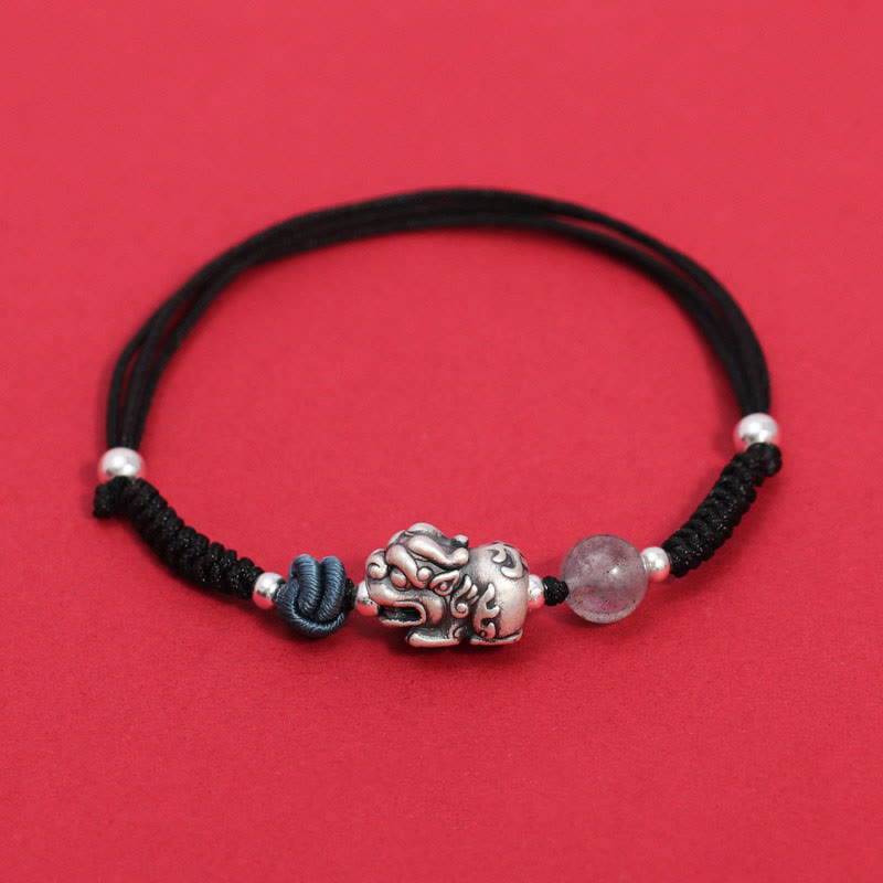 Buddha Stones 999 Sterling Silver PiXiu Strawberry Quartz Bead Wealth Luck Braided Bracelet - Black Rope(Wrist Circumference 14-19cm) - image 9