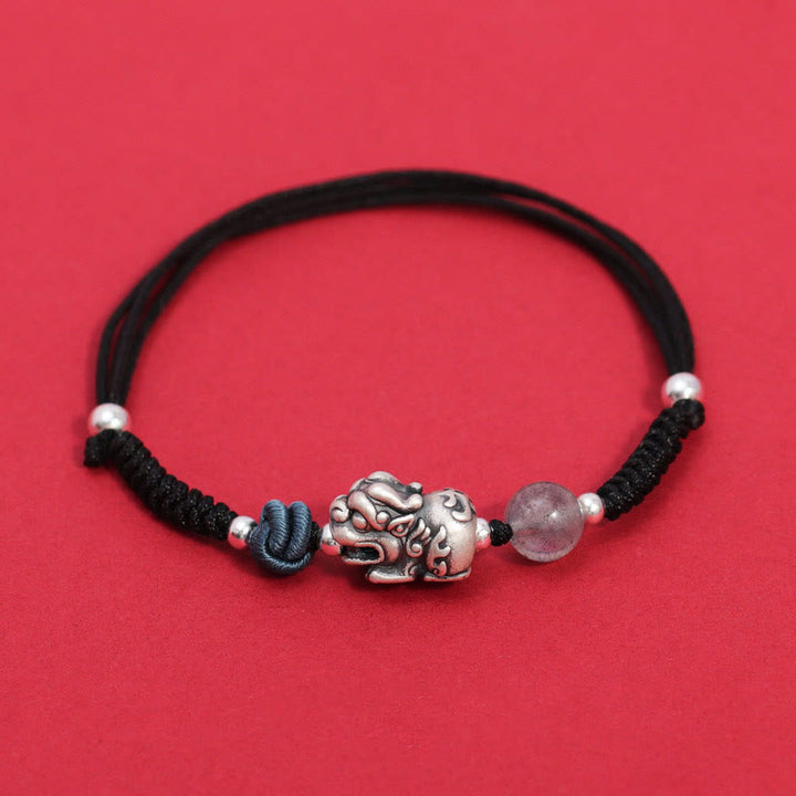 Buddha Stones 999 Sterling Silver PiXiu Strawberry Quartz Bead Wealth Luck Braided Bracelet - Black Rope(Wrist Circumference 14-19cm) - image 9