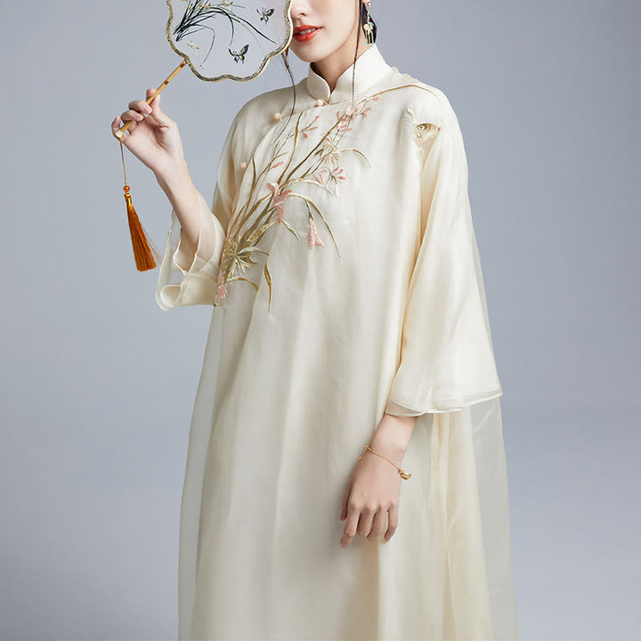 Buddha Stones 100% Mulberry Silk 6 Momme Dress Vintage Flower Butterfly Embroidery Qipao Dress Women's Cheongsam Dress - image 4