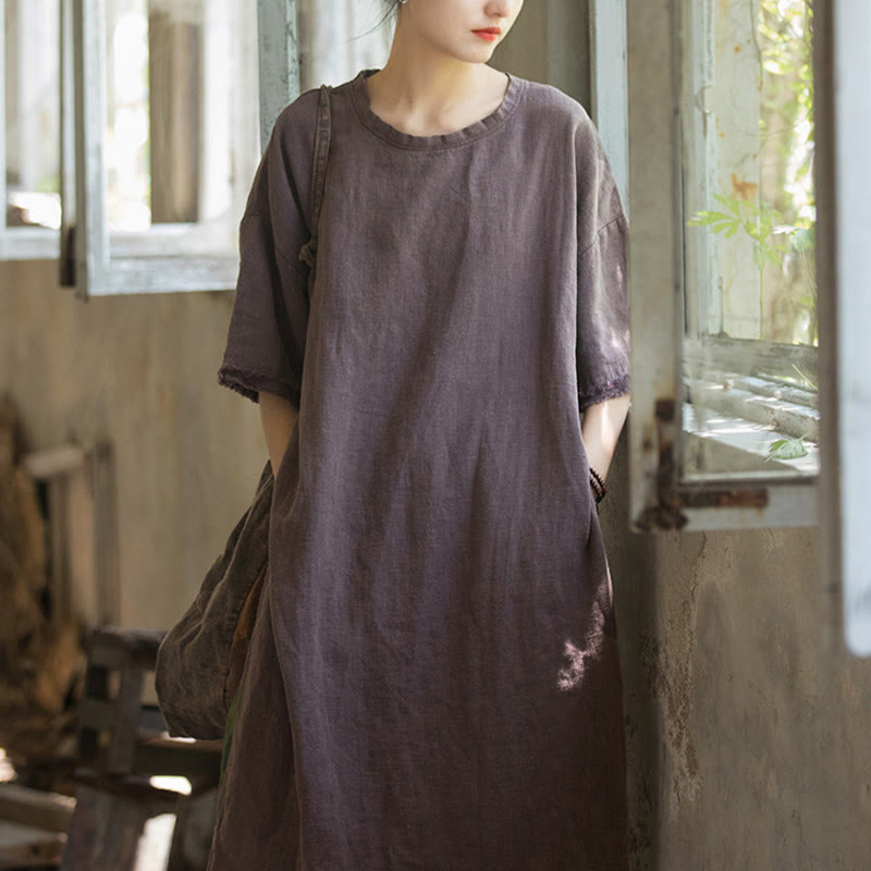 Buddha Stones Mid Length Dress Ramie Linen Half Sleeve Split Hem Top T-Shirt