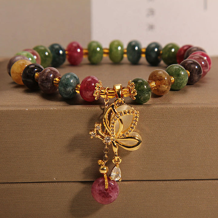 Buddha Stones Colorful Tourmaline Butterfly Charm Wisdom Bracelet