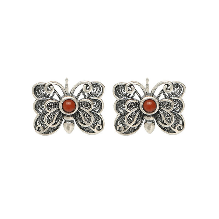 Buddha Stones 925 Sterling Silver Red Agate Butterfly Self-acceptance Ring Earrings Set