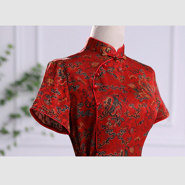 Buddha Stones Vintage Auspicious Clouds Leaf Print Cheongsam Dress Women's Qipao Dress