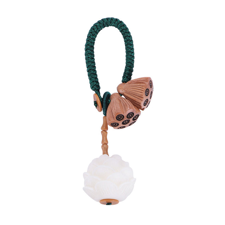 Buddha Stones Lotus Natural White Bodhi Seed Peach Wood Luck Keychain Decoration - image 4