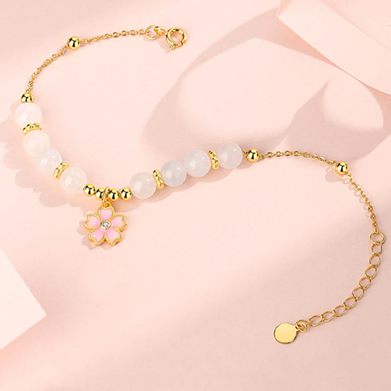 Buddha Stones 925 Sterling Silver Hetian White Jade Cherry Blossom Protection Bracelet - image 5