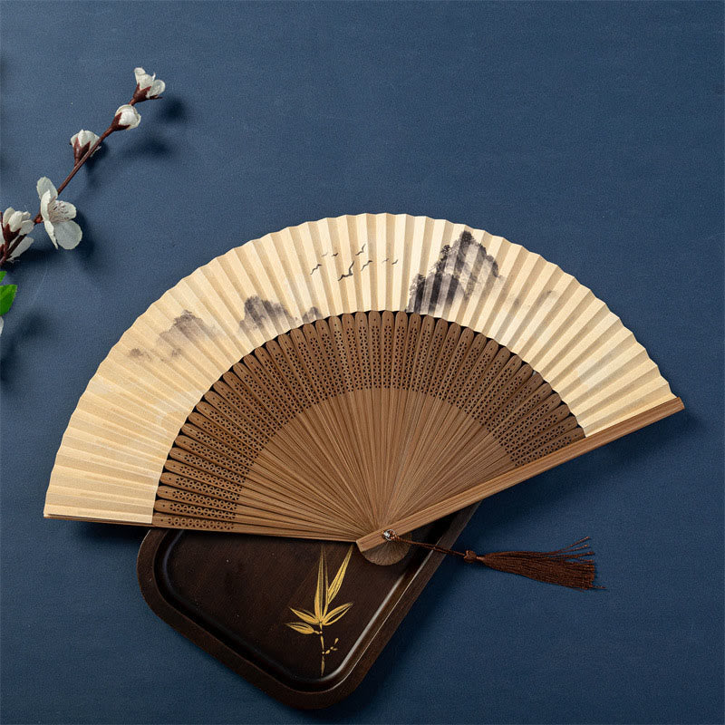 Buddha Stones Lotus Dragonfly Wild Geese Plum Blossom Handheld Silk Bamboo Folding Fan 22.5cm