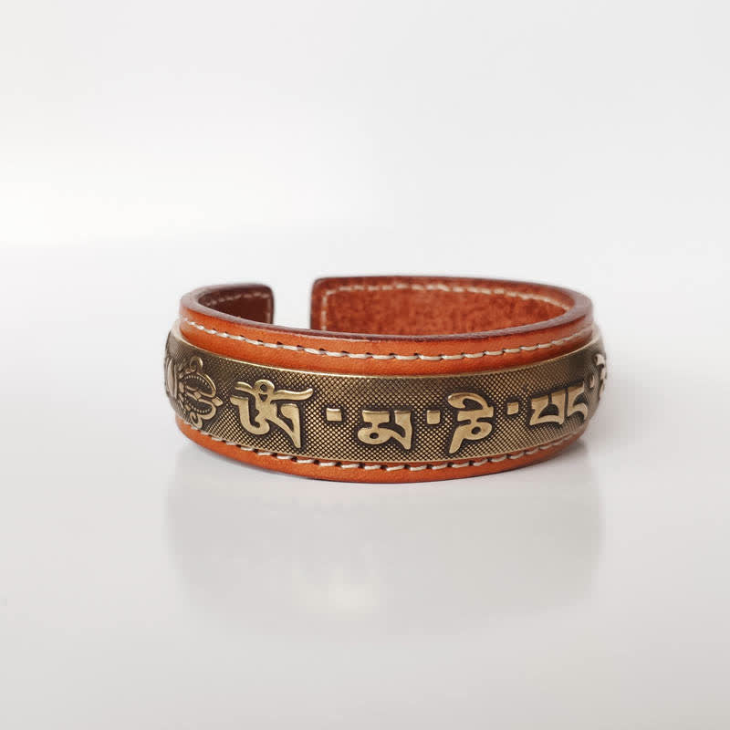 Buddha Stones 2Pcs Om Mani Padme Hum Dragon Phoenix Copper Leather Peace Cuff Bracelet Bangle