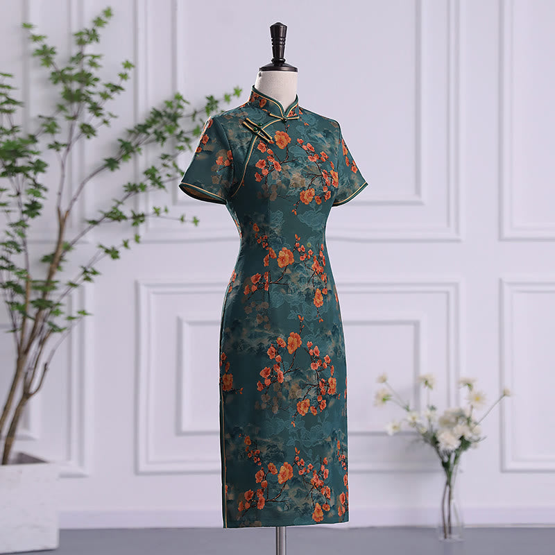 Buddha Stones Retro Flower Lotus Peony Feather Print Qipao Dress Women's Cheongsam Dress - image 2