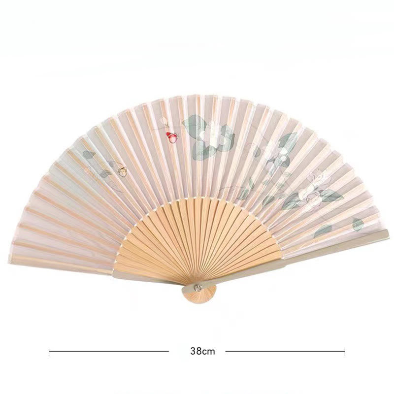 Buddha Stones Lotus Begonia Flower Jasmine Handheld Silk Bamboo Folding Fan 21cm