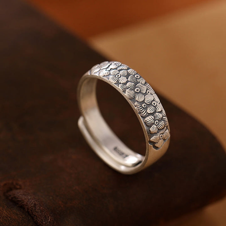 Buddha Stones 999 Sterling Silver Lotus Flower Plum Blossom Auspicious Clouds Engraved Enlightenment Ring - Plum Blossom - image 4