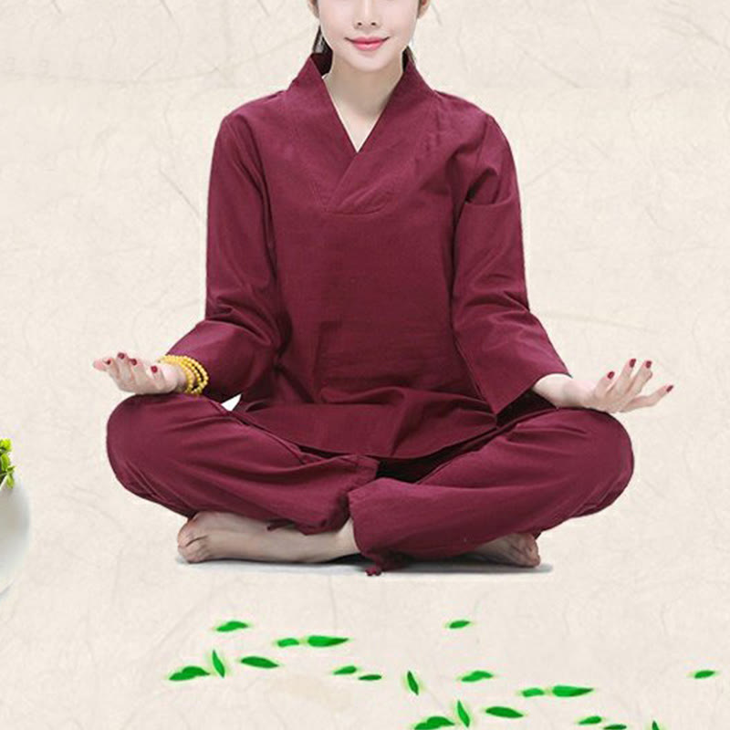 Buddha Stones Zen Practice Yoga Meditation Prayer V-neck Design Uniform Cotton Linen Clothing Women's Set