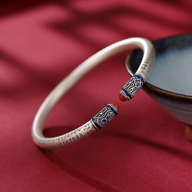 Buddha Stones 999 Sterling Silver Heart Sutra Engraved Red Agate Protection Bracelet Bangle - image 1