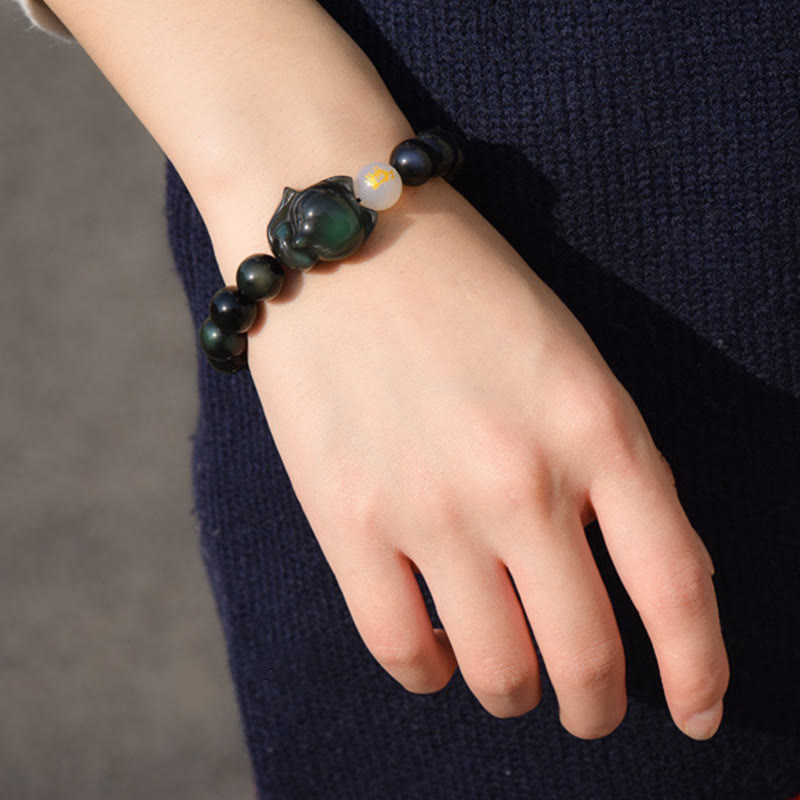 Buddha Stones Natural Rainbow Obsidian Gold Sheen Obsidian Silver Sheen Obsidian Fox Healing Bracelet