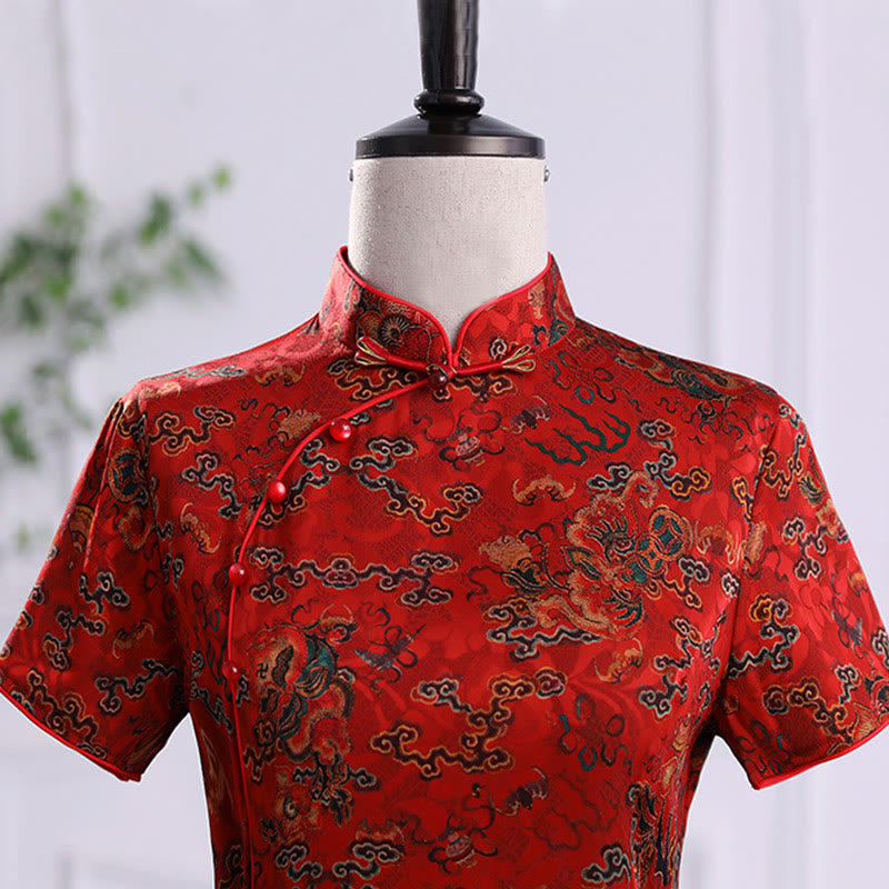 Buddha Stones Vintage Auspicious Clouds Leaf Print Cheongsam Dress Women's Qipao Dress