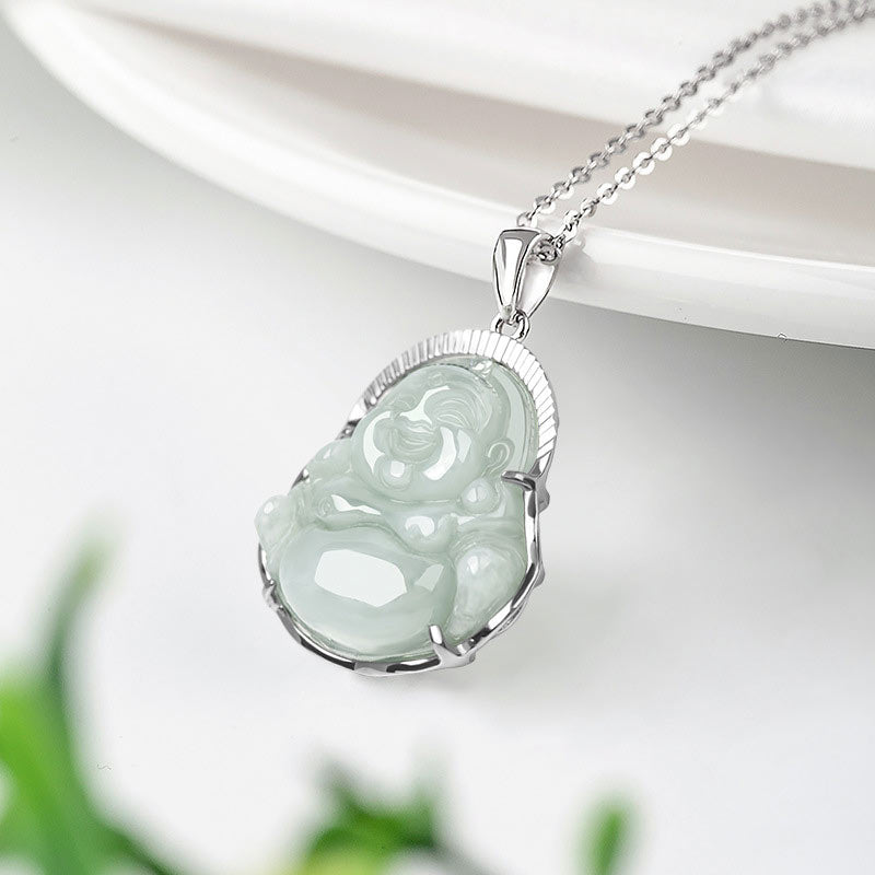 Buddha Stones 925 Sterling Silver Laughing Buddha Jade Luck Calm Necklace Chain Pendant - image 5