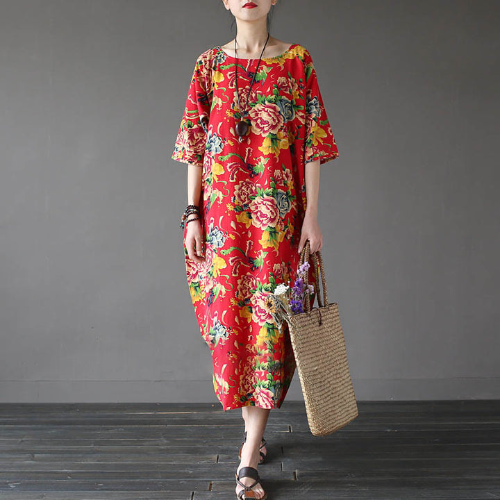 Buddha Stones Red Peony Flowers Printed Midi Dress Half Sleeve Cotton Linen Dress