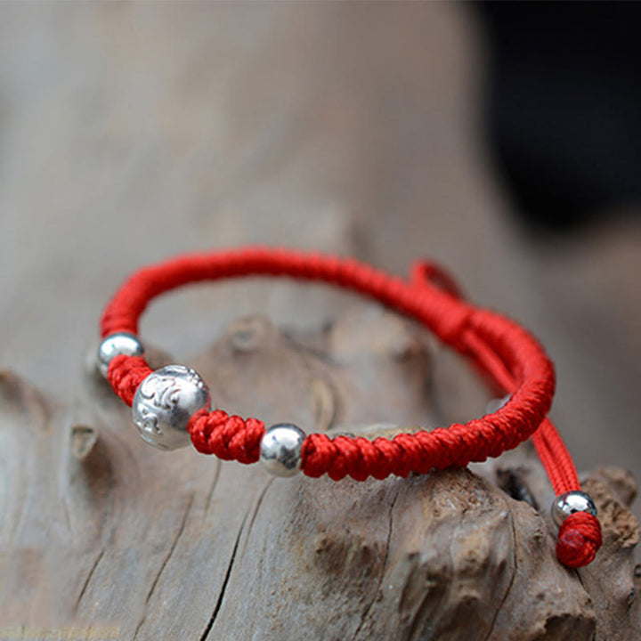 Buddha Stones 999 Sterling Silver Om Mani Padme Hum Copper Coin Luck Strength String Couple Bracelet - image 6