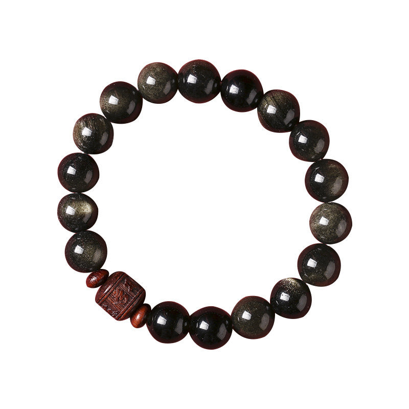 Buddha Stones Natural Gold Sheen Obsidian Rainbow Obsidian Om Mani Padme Hum Fu Character Healing Bracelet