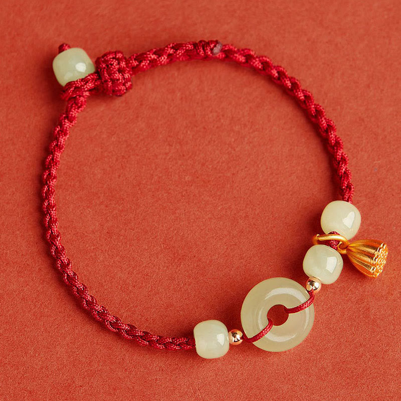 Buddha Stones Round Peace Buckle Jade Lotus Happiness Abundance Wealth String Bracelet - image 4