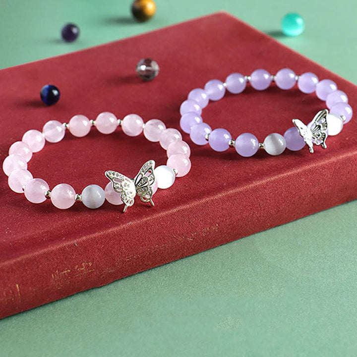 Buddha Stones Blue Chalcedony Pink Crystal Purple Chalcedony Butterfly Energy Bracelet