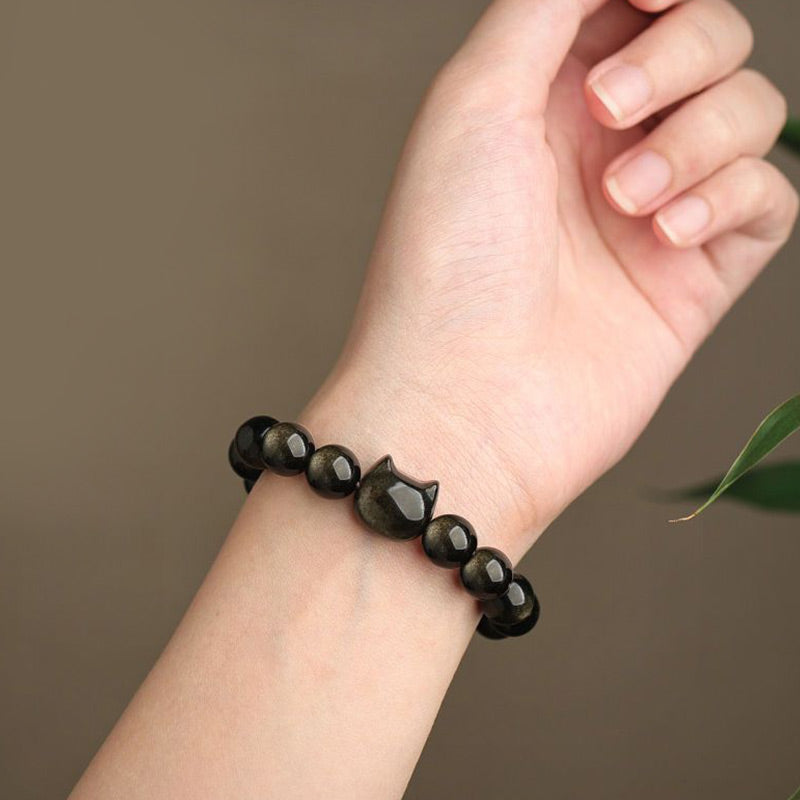 Buddha Stones Gold Sheen Obsidian Silver Sheen Obsidian Lovely Paw Lucky Cat Protection Bracelet - image 7