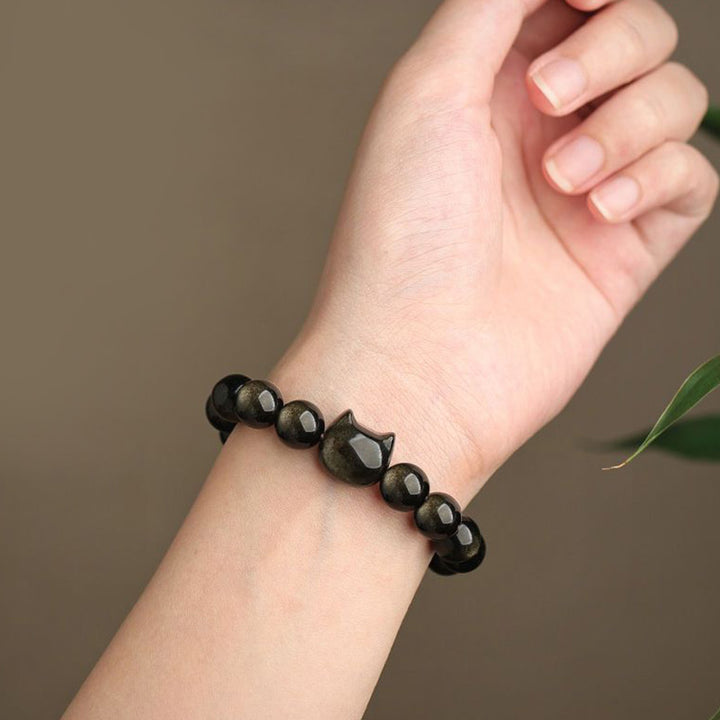 Buddha Stones Gold Sheen Obsidian Silver Sheen Obsidian Lovely Paw Lucky Cat Protection Bracelet - image 7
