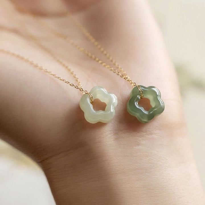 Buddha Stones Dainty Hetian Jade Cyan Jade Luck Floral Charm Necklace Pendant - image 1