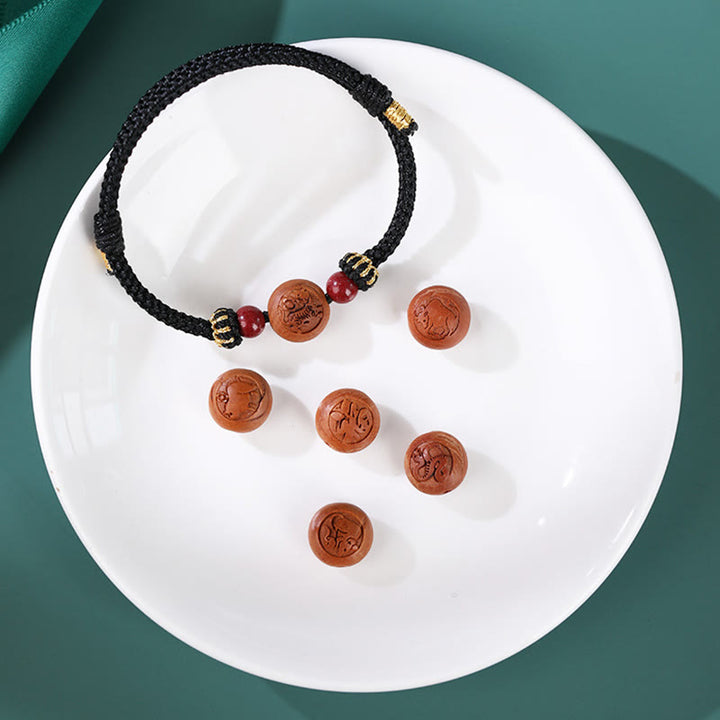Buddha Stones Natural Peach Wood Chinese Zodiac Fu Character Carved Cinnabar Wealth Bracelet - image 13