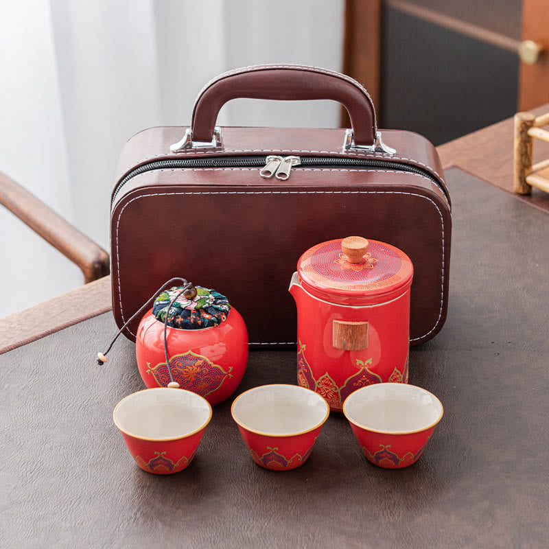 Buddha Stones Flower Chinese Gongfu Ceramic Teapot Portable Outdoor Travel Tea Set Bag