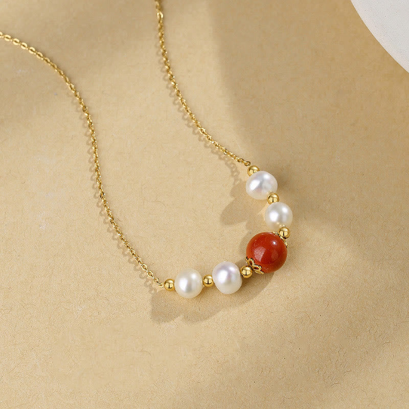 Buddha Stones 925 Sterling Silver Pearl Cinnabar Sincerity Healing Bead Chain Necklace Pendant - image 1