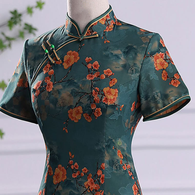 Buddha Stones Retro Flower Lotus Peony Feather Print Qipao Dress Women's Cheongsam Dress - image 7