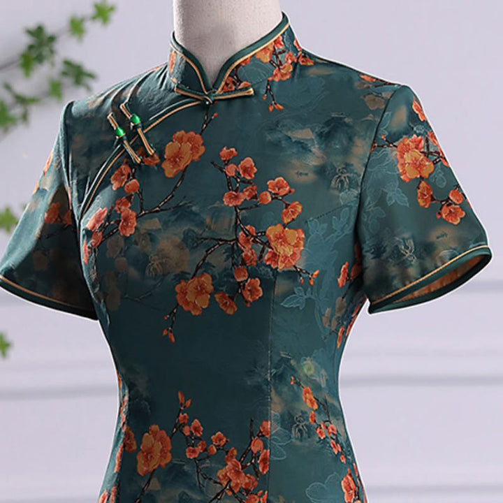 Buddha Stones Retro Flower Lotus Peony Feather Print Qipao Dress Women's Cheongsam Dress - image 7