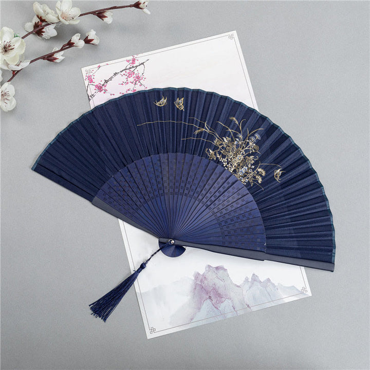 Buddha Stones Crane Dragonfly Lotus Peony Plum Blossom Butterfly Handheld Silk Bamboo Folding Fan 22.5cm