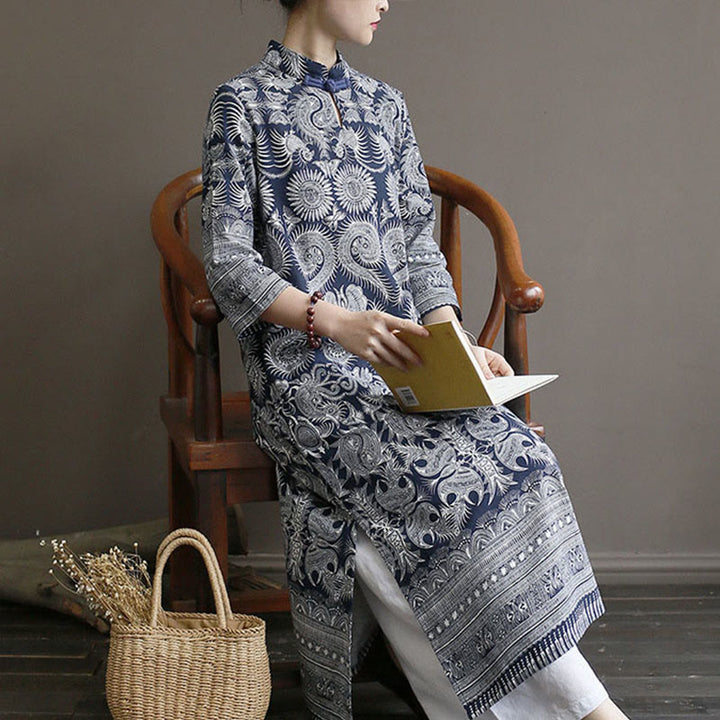 Buddha Stones Blue And White Porcelain Pattern Frog-button Midi Dress Three Quarter Sleeve Linen Batik Dress With Pockets