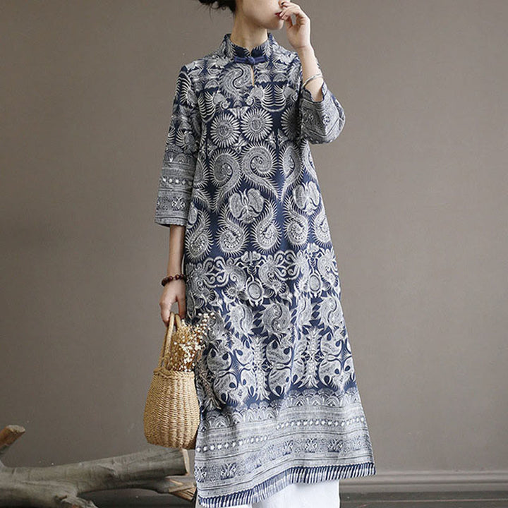 Buddha Stones Blue And White Porcelain Pattern Frog-button Midi Dress Three Quarter Sleeve Linen Batik Dress With Pockets