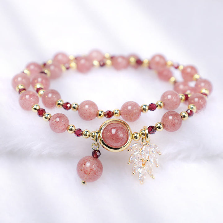 Natural Strawberry Quartz Love Healing Maple Leaf Charm Double Wrap Bracelet